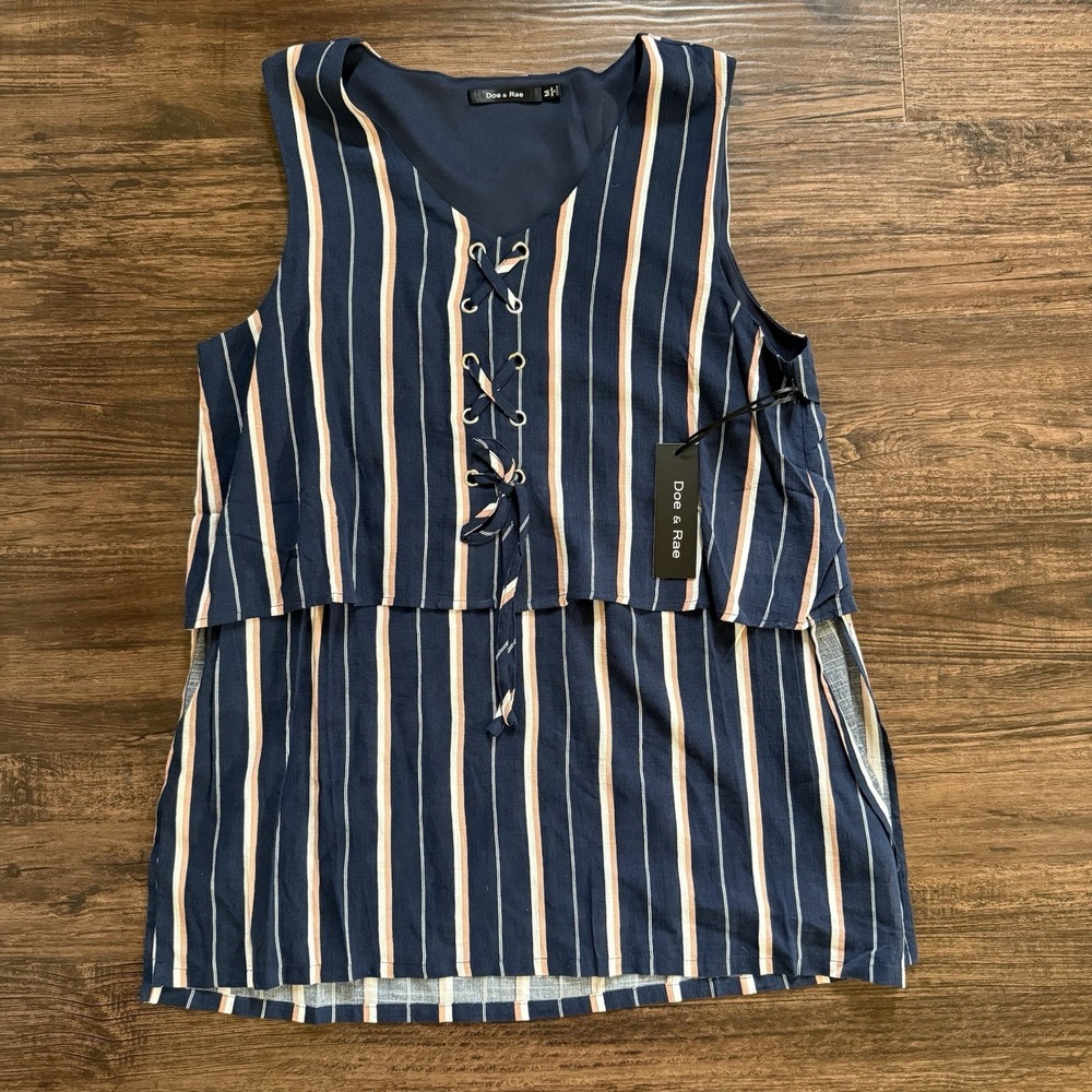 NWT Doe & Rae Medium Striped Lace Up Tiered Tank Top Navy Coral Nautical